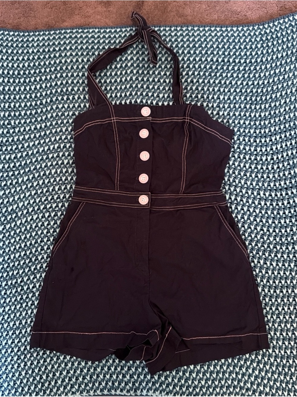 Nicole Miller Black Halter Romper with Pink Buttons